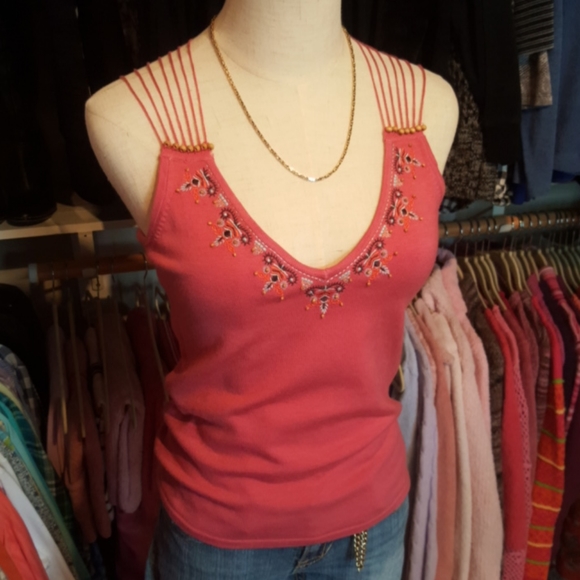 NEW YORK & CO ♡ RARE Vintage Pink Knit Embroidered 'n Beaded Back Design Tank S - Picture 5 of 17